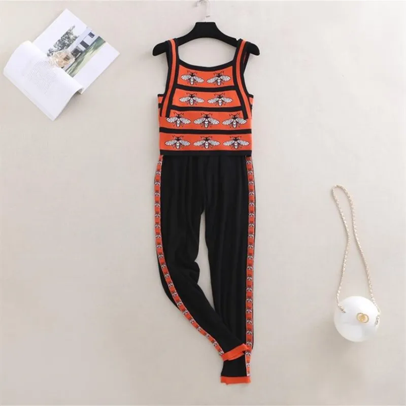 Runway 2 Piece Set Fashion Women's Suit 2018 New Knitting Bees Stripes Sleeveless Crop Top Tank Harem Pants Suit TracksuitJJ-053 Women's Sets