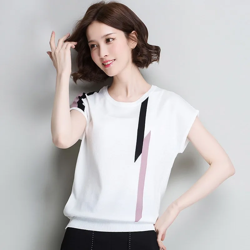 Летняя женская трикотажная футболка и пуловер с круглым вырезом, футболка с коротким рукавом, полосатая тонкая футболка