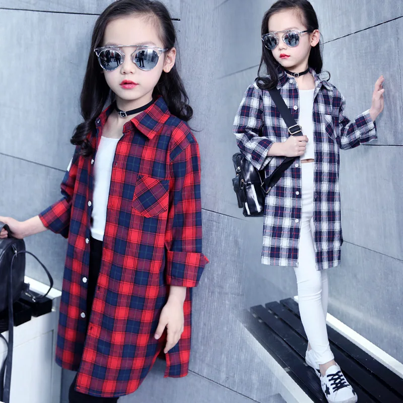 

Kids Clothes 2019 new Spring autumn Long sleeve lattice baby Shirt cotton Long section Girls Blouse 3-12 Baby Girl Clothes