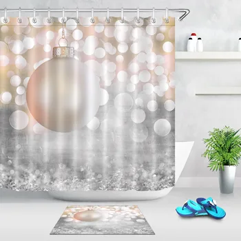 

LB Christmas Ball And Glitter Aperture Shower Curtain with Mat Set Bathroom Mildew Resistant Waterproof Fabric For Bathtub Decor