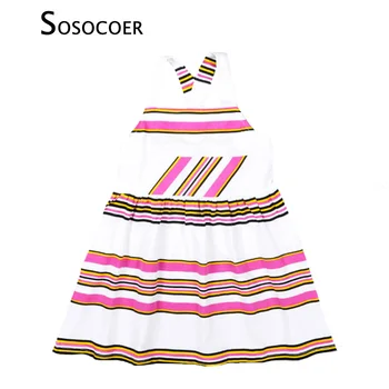 

SOSOCOER Girls Dress Summer Style Crossover Suspender Stripe Dress Kids Clothes Princess Rainbow Dresses Children Clothing