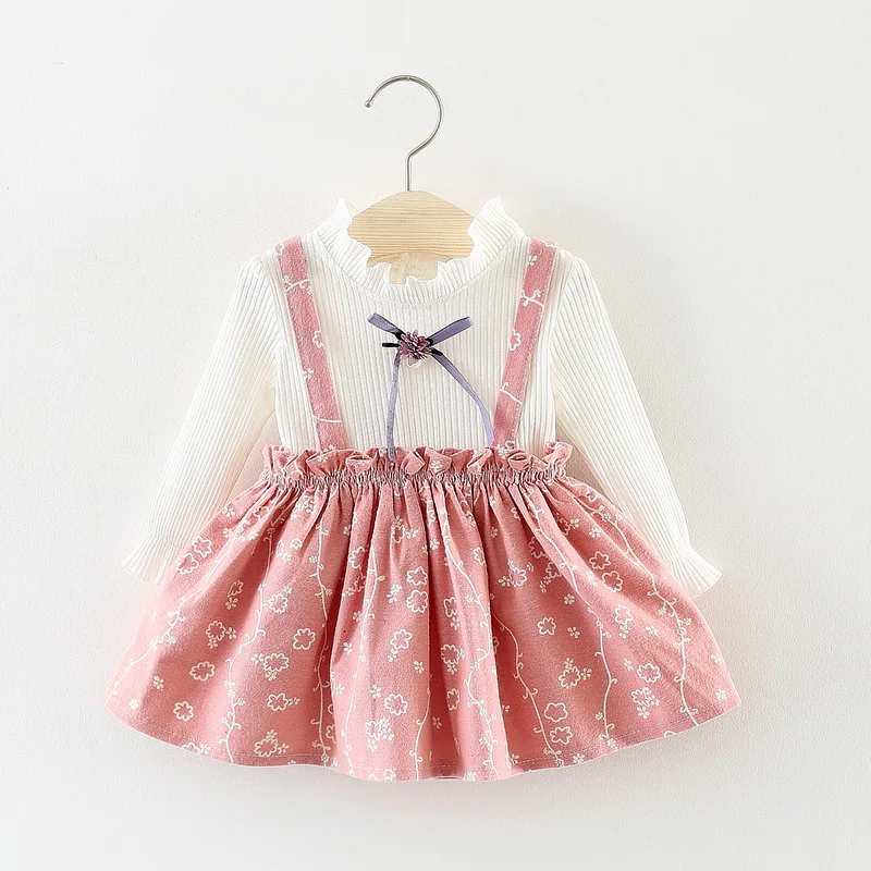 

Baby Spring and Autumn New Girls Long Sleeve Sweet Flower Dress Print Fake Two-piece Sling Dress Puffy Skirt Baby Princess Skirt