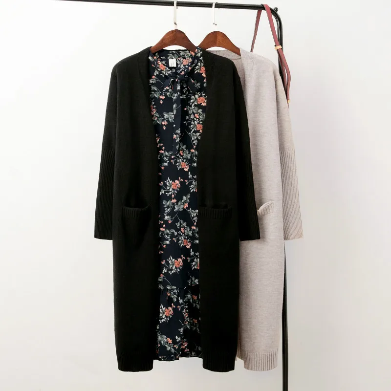 Осень-зима, длинный кардиган,, женский свитер, длинный рукав, открытая строчка, винтажный свитер, свободный, теплый, с карманами, вязаная верхняя одежда LU451