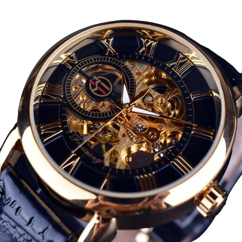 

2019 Fashion hollow carving black gold case leather hollow mechanical watch men luxury brand Horloge