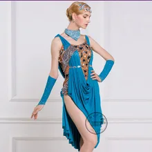 Лоскутный высокий вентиляционный синий Румба ча-ча Сальса Танго lumba конкурс латиноамериканских танцев платье со стразами