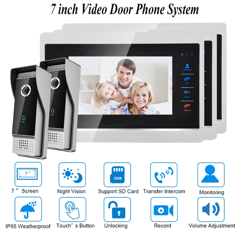 

7"TFT HD 1200TVL Video Doorbell Camera Door Phone Intercom System IP65 Waterproof Quality Indoor Monitors 2 cameras v 3 monitors