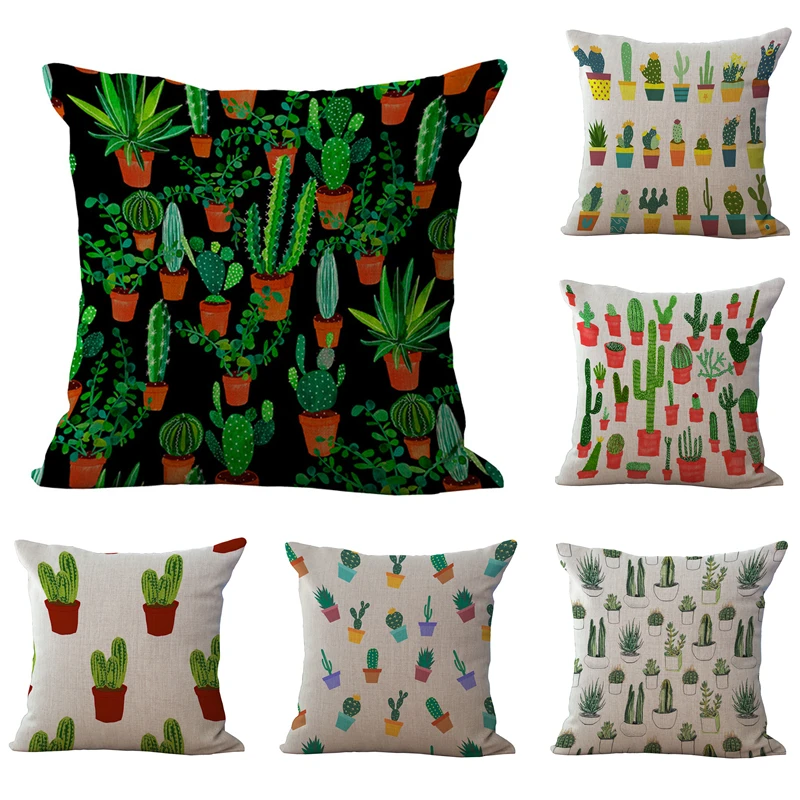 

Tropical Cactus Pillowcase Printed Cotton Linen Pillow Case Home Decorative Sofa Car Chair Waist Cushion Cover 18X18 inch
