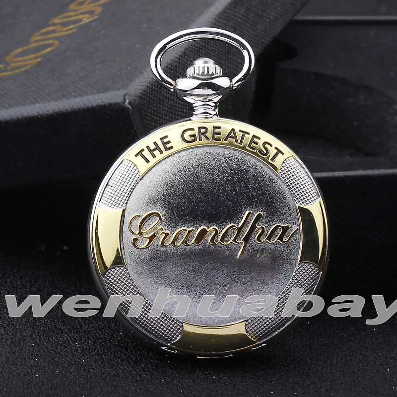 

Vintage Silver Golden Grandpa Pocket Watch THE GREATEST Grandpa Gift Box Set Waist Chain Fob Quartz Men Watch Relogio De Bolso