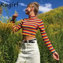 Цветные полосатые женские футболки в стиле Харадзюку, стильные футболки в стиле пэчворк, женские осенние короткие топы, футболка