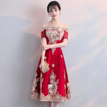 

2019 New Red Chinese Style Long Paragraph Shoulder Flower Embroidery Dress