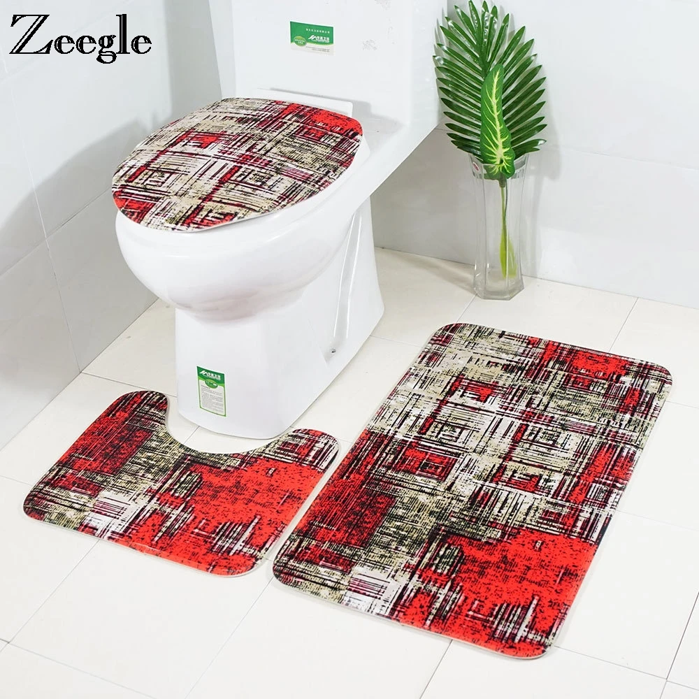 Zeegle 3Pcs Bathroom Mats Non Slip Pedestal Rug Toilet Lid Cover Bath