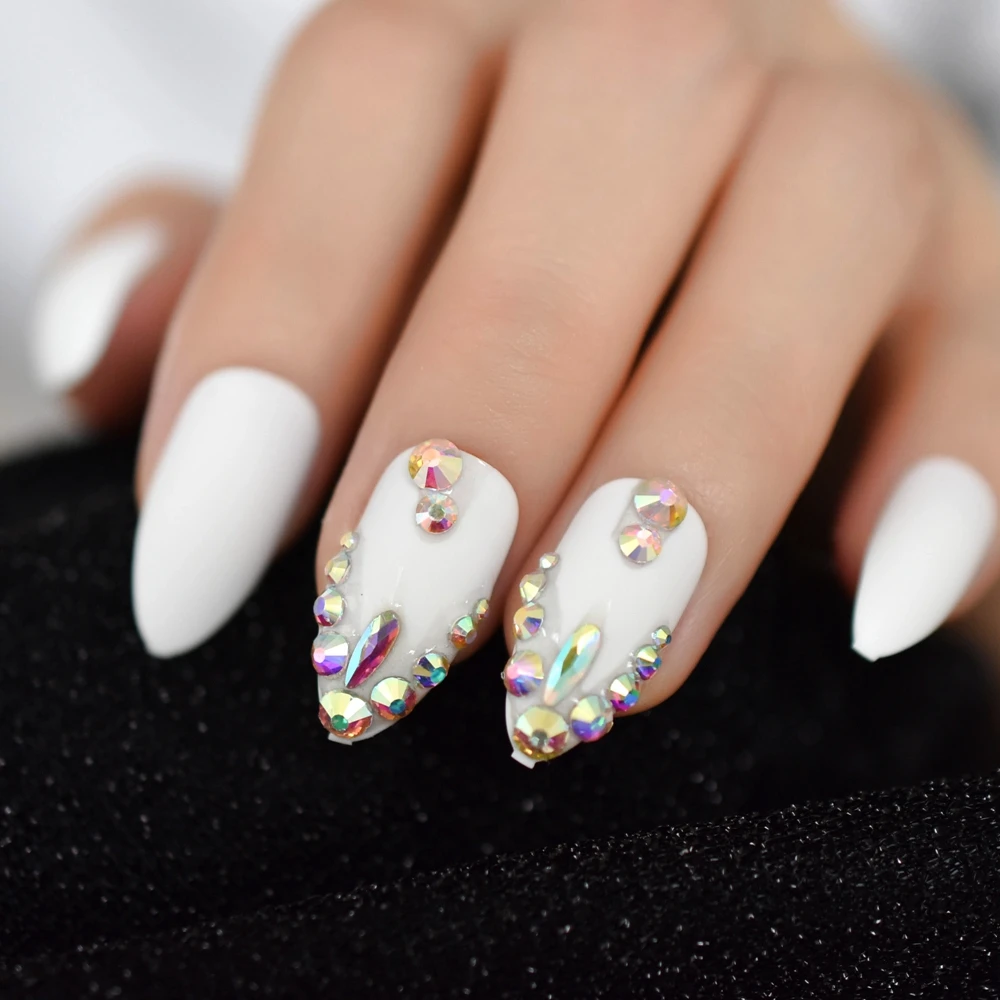 Алмазные миндальные ногти чистый белый средний гвоздь красочный ...