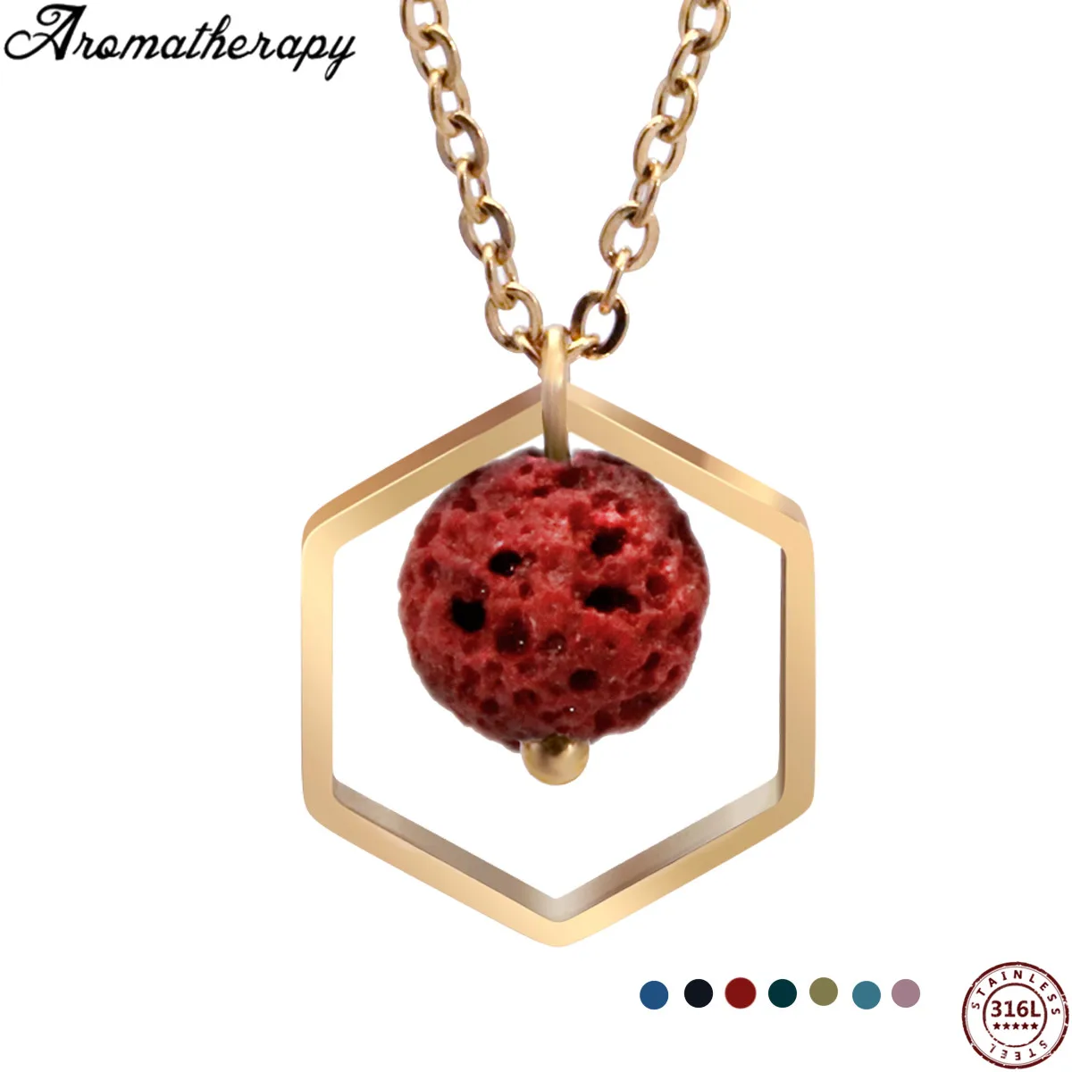 

Round Lava Natural Stone Beads Stainless Steel Geometric Necklace Essential Oil Diffuser Rock Pendant Volcanic Stone Jewelry