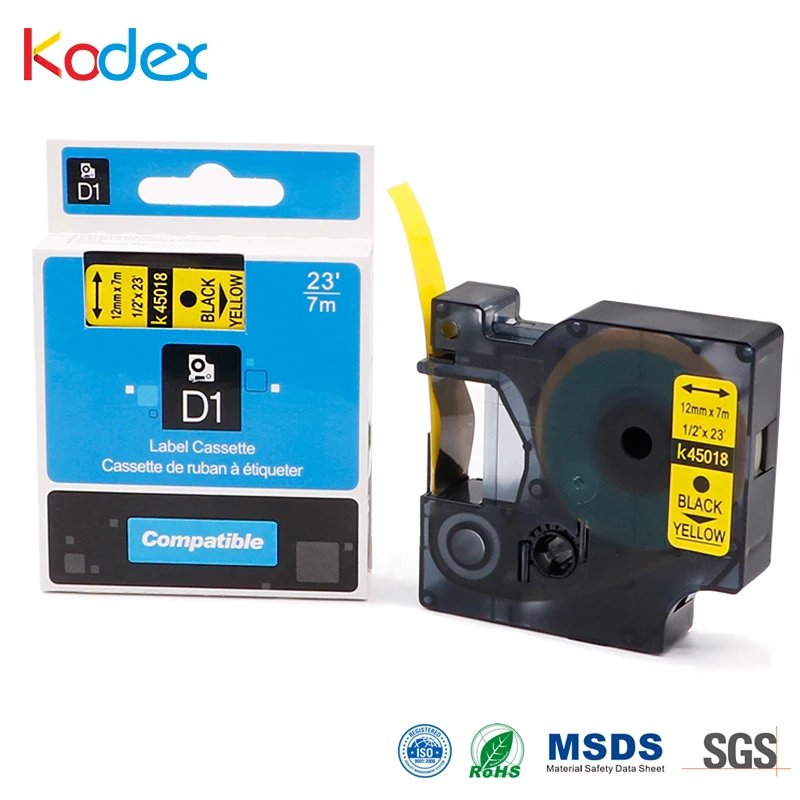 Kodex 12 мм 45018 совместимый с Dymo D1 ламинированная этикетка лента черная на желтом для