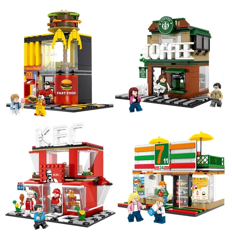 

4 Sets Mini City Street Coffee Shop Hamburger Store Building Blocks Compatible Legoings City DIY Bricks Toys For Children Gifts