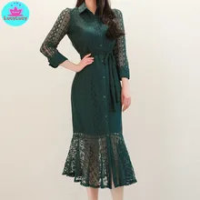 2019 summer new Korean temperament Slim single-breasted lace-up shirt lace fishtail dress Sheath 2019 summer new Korean temperament Slim single-breasted lace-up shirt lace fishtail dress Sheath