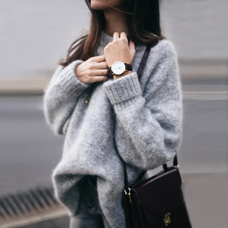 

Loose Knitted Sweater O Neck Coat Women Solid Long Thick Knitwear