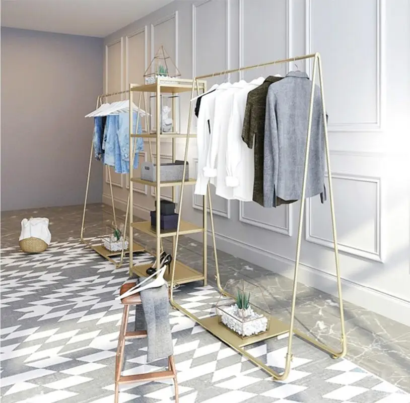 Clothing Shop Shop Show Rack Ground Combination Golden Clothing Rack Creative Iron Female Clothing Rack Hanging Clothes Rack