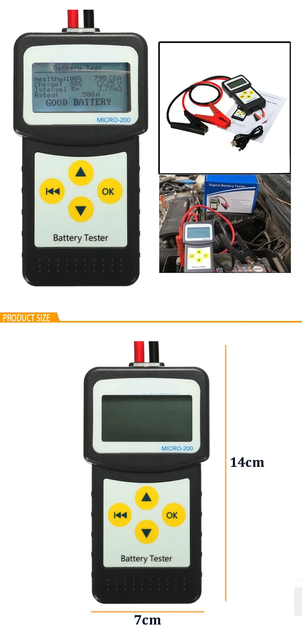 12 В Aumotive автомобильный аккумулятор тестер MICRO-200 2 зажима USB кабель автомобильный ЖК-цифровой анализатор батареи автоматический диагностический инструмент