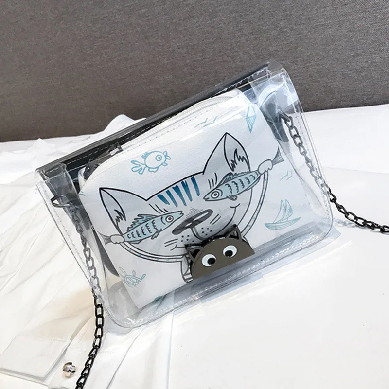 

Hot Women Cartoon Animal Print Transparent Shoulder Bag with Adjustable Metal Chain BVN66