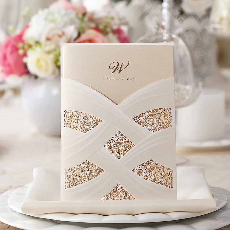 

Vertical Laser Cut Wedding Invitation with White Hollow Flora,Customizable,100 Pcs/Lot,CW060