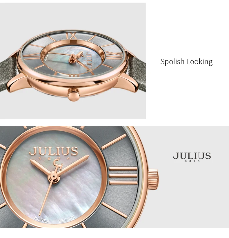 Julius часы женские тонкие кожаные Наручные часы с циферблатом серые RoseGold 30 м Водонепроницаемые японские кварцевые Movt из нержавеющей JA-961