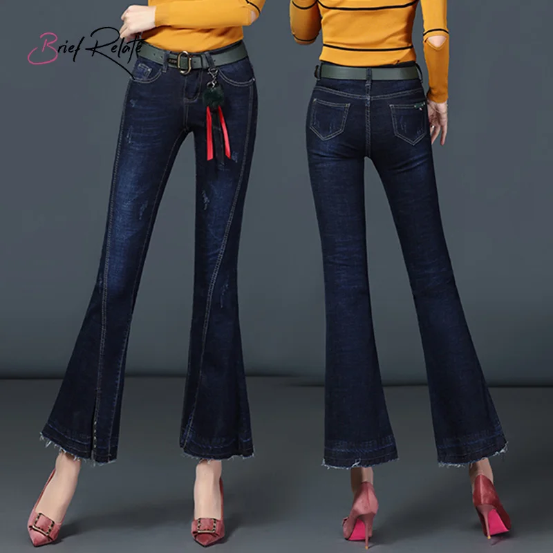 

Brief Relate 2019 Autumn New Skinny Stretch Denim Pants Raw Edges Bell-bottoms Women's Harpants Flared Trousers