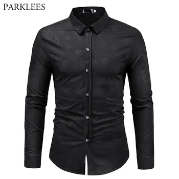

Cool Skull Print Black Shirt Mmen 2018 Autumn New Slim Fit Mens Casual Button Down Dress Shirts Casual Business Wedding Chemise
