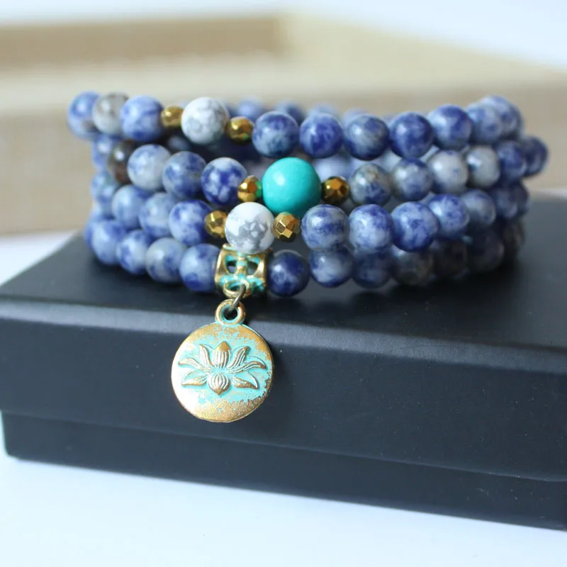 Online Joyería de Yoga de moda Natural sodalite 108 Mala Beads con collar de loto hebras pulsera elástica para mujer