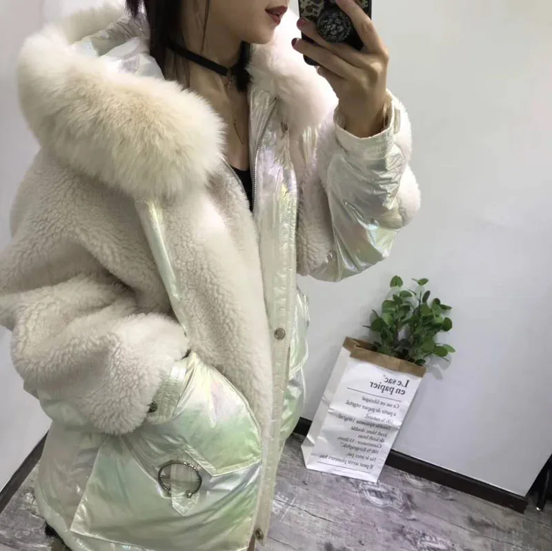 White duck down jacket sheep fur winter coat women new fashion wool blends hooded with natural geniune fox fur parka