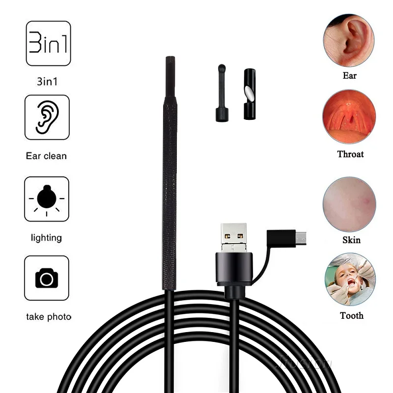 Многофункциональный эндоскоп 3 в 1 инструмент для чистки ушей визуальный наушник с мини-камерой микро видеокамера usb type-C инструмент для чистки ушей
