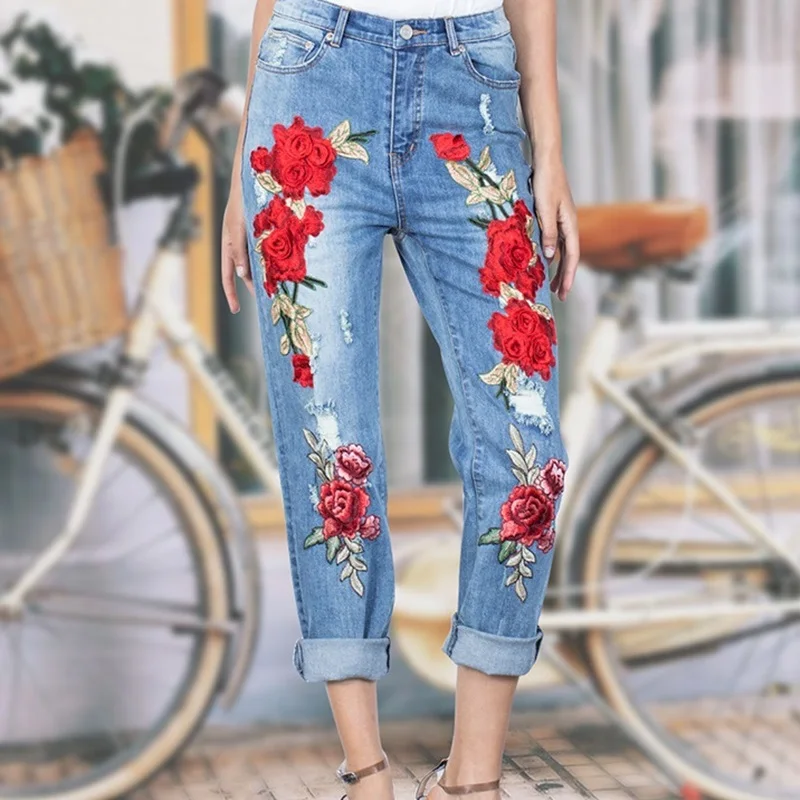 Mom jeans embroidered denim pants 