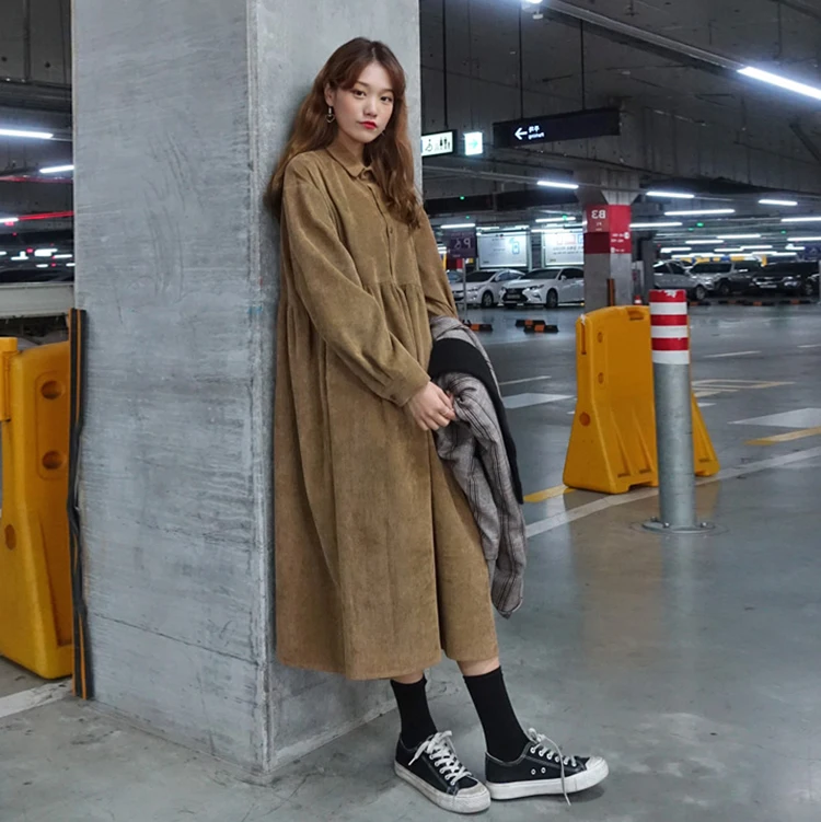 

2018 Mori Girl Vintage Women Pink Dress Korean Long Sleeve Casual Sweet Vestidos Japanese Corduroy Retro Lady Navy Shirts Dress