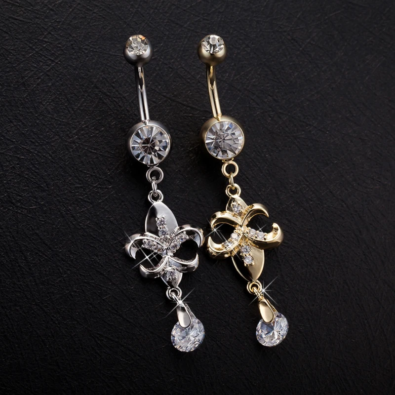 Yellow White Gold Color Cz Clear Crystal Paved Fleur De Lis Yellow White Gold Color Cz Clear Crystal Paved Fleur De Lis Flowers Piercing Body Jewelry Navel Belly On Ring For Women In From