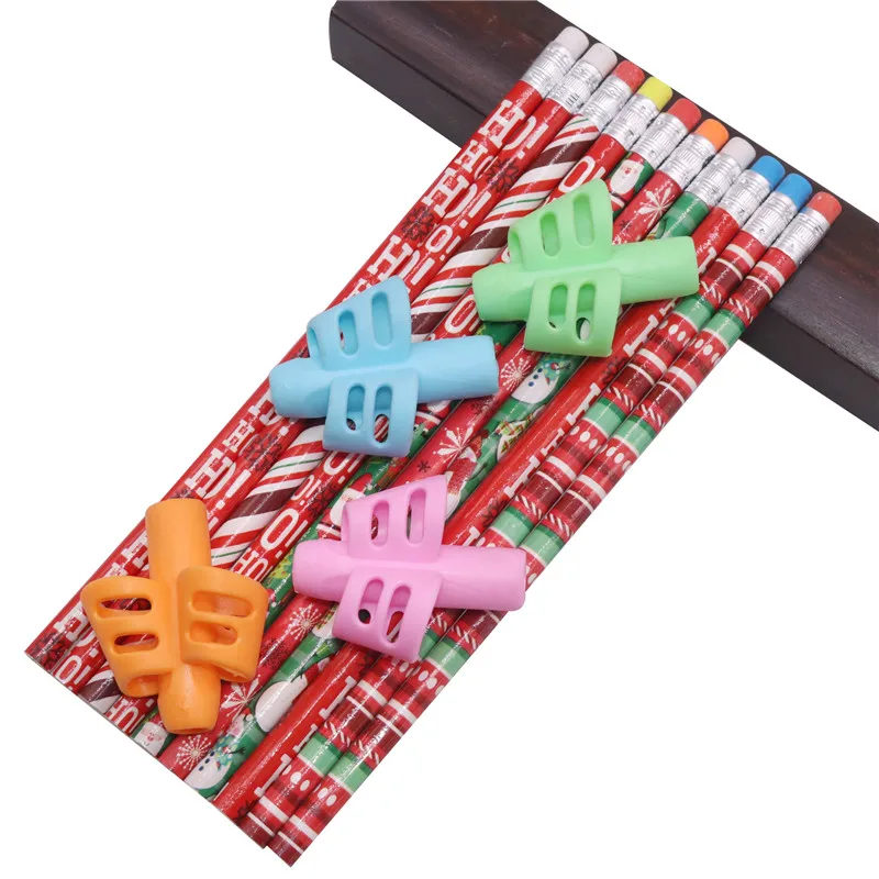 Stationery set Christmas pencil 10 pcs plus 4 pcs pen grip Four-color mixing writing tool School supplies Device to hold pen