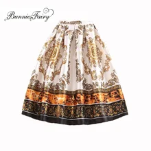 BunniesFairy, новинка, брендовая летняя королевская винтажная Женская длинная Плиссированная юбка в этническом стиле с геометрическим цветочным принтом, льняная юбка-пачка средней длины