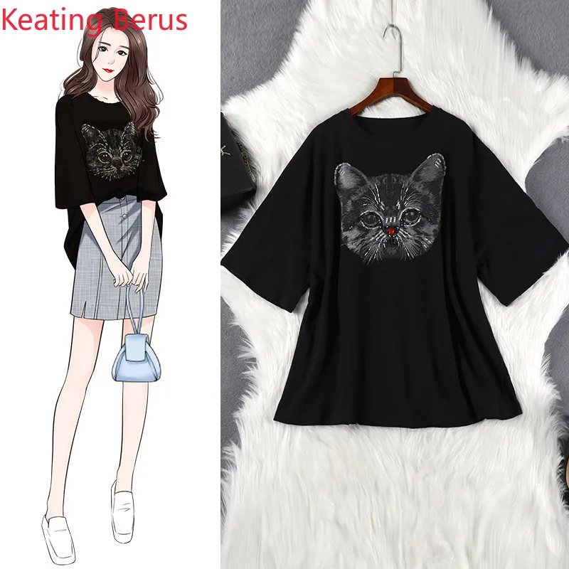 

2019 Women's Plus Size Summer T-shirt Fashion Loose Casual Wild Cartoon Cat Pattern Round Neck Half-sleeved Women's Tops 1103