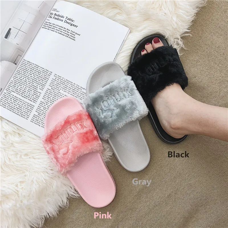 

Vintage Hong kong style womens fur slippers casual embroider zapatillas casa mujer outwear non-slip soft chausson open toe slide