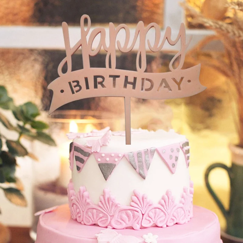 

Blue Pink Acrylic Striped Banner "Happy Birthday" Cake Topper for Birthday Party Decoration Gifts Collection Acrylic