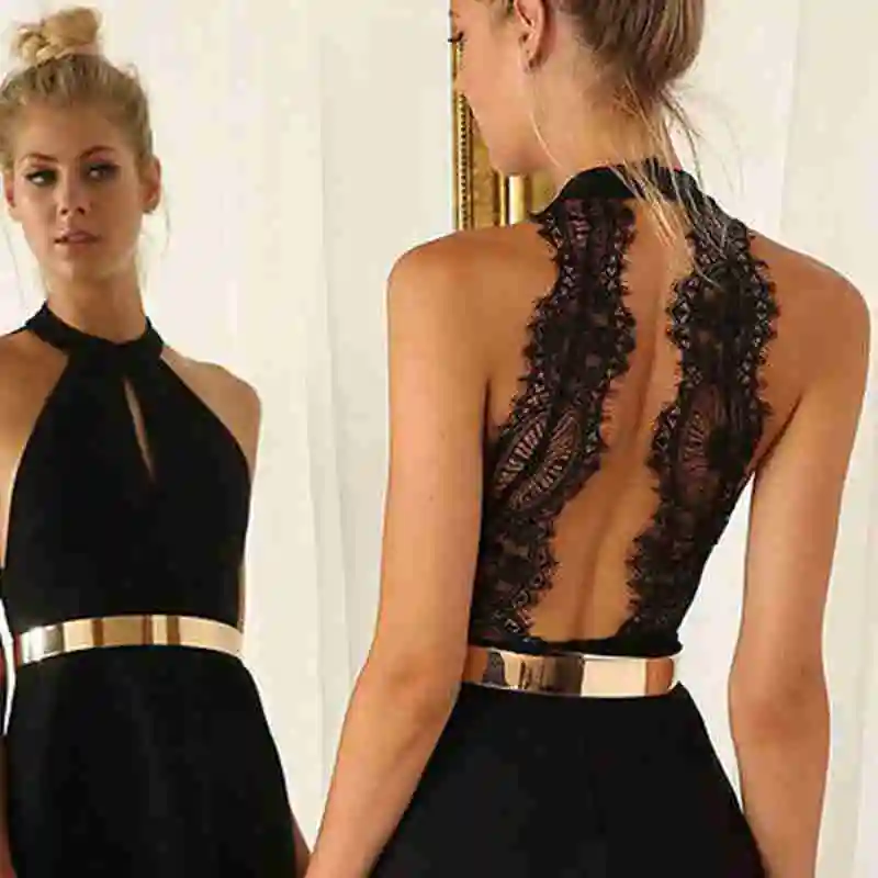 

Fashion Women Casual Summer Cocktail Party Sexy Halter Lace Backless Sleeveless Chiffon Short Mini Dress