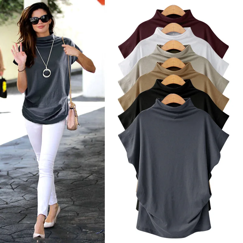 Plus Size 6XL Women Summer T-Shirt Short Batwing Sleeve Loose Solid Gray Turtleneck Tee Shirt New T-Shirts Femme Tees Tops