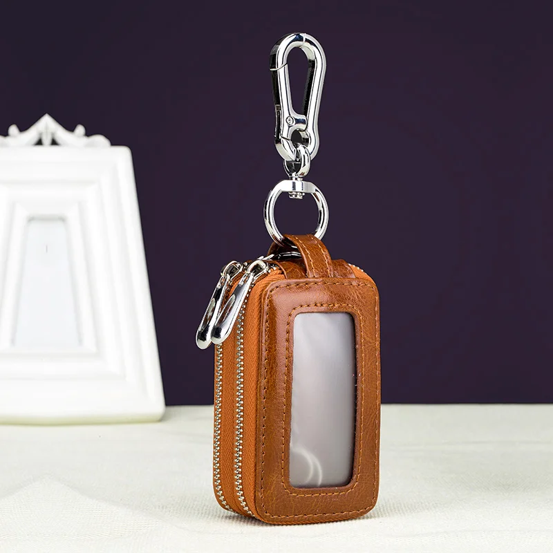 Key Holder Genuine Cow Leather Home Car Keys Double Pocket Zipper Mini Wallet Transparent Pocket Men Women