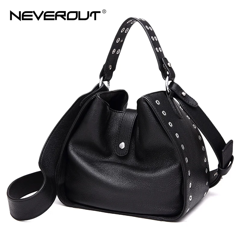 

NEVEROUT Genuine Leather Fold Over Bags for Women Rivet Bucket Style Handbag Shoulder Sac Fashion Brand Cross body Bags Totes