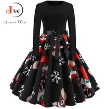 Invierno vestidos de Navidad mujeres 50S 60S Vintage Robe Swing Pinup elegante vestido de fiesta Casual de manga larga talla grande negro estampado(China)