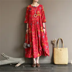 Женское красное платье с цветочным принтом, хлопковое льняное платье, летнее Новое винтажное платье на пуговицах, с круглым вырезом, с