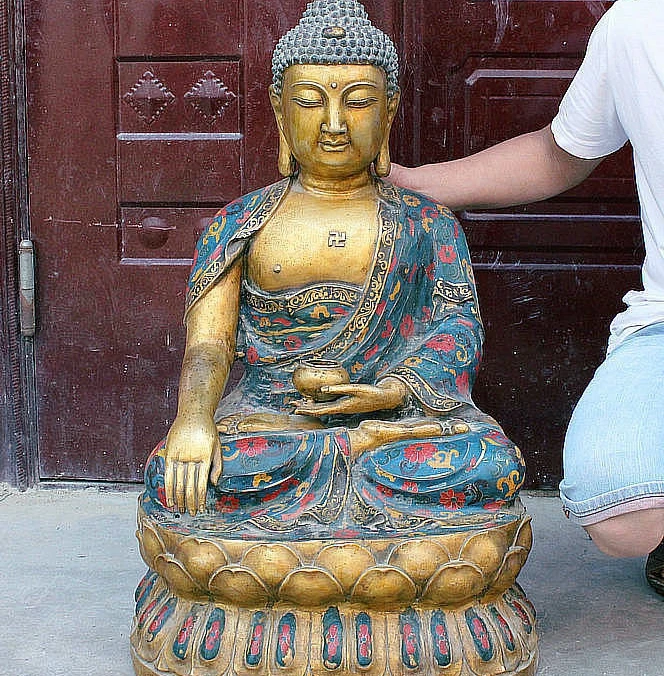 

32" Old China Buddhism Cloisonne Bronze Gilt Shakyamuni Tathagata Buddha Statue