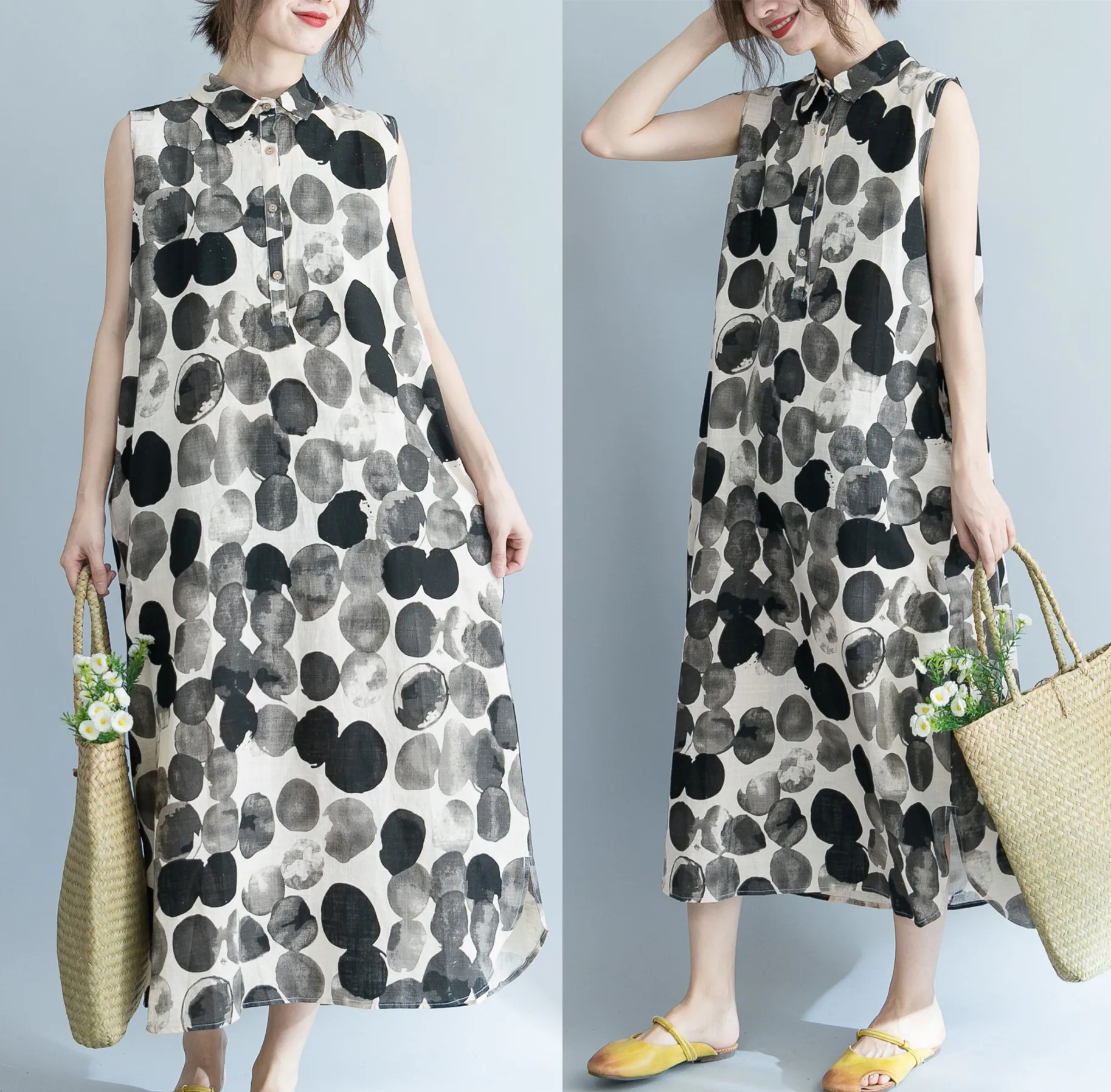 

2019 Summer New Literary Dress Large Size Sleeveless Shirt Collar Long Dress Big Dot Cotton and Linen Casual Dress