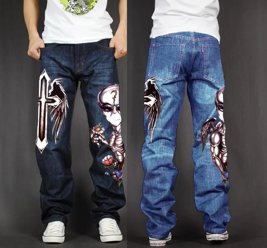 

Men's Long Pants Baggy Loose Fit Jeans Rap Hip Hop Skate Denim Print Trousers Straight Stretch Casual Trousers Skull Cross