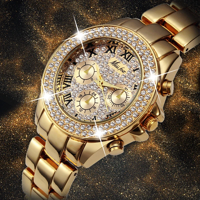 Achat MISSFOX femmes montres montre de luxe femmes mode 2019 faux chronographe chiffres romains or 18K dames montres Quartz montre bracelet