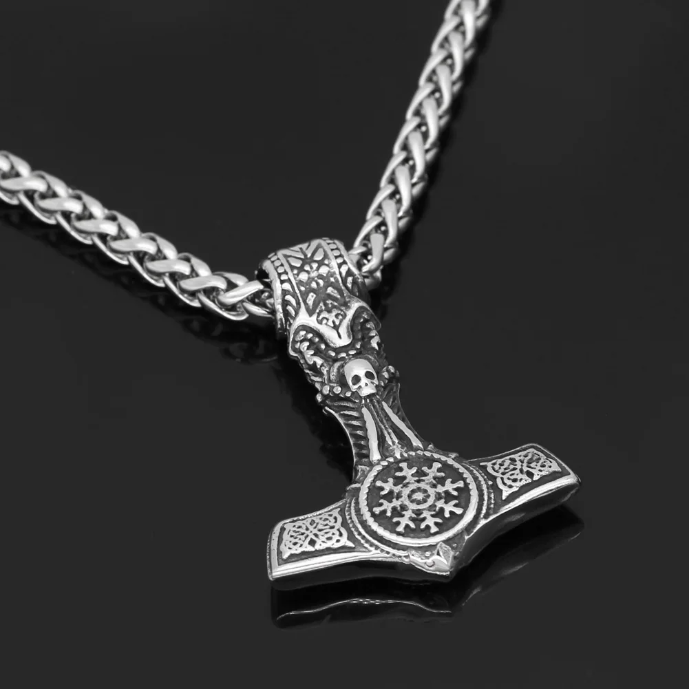 Скандинавский Викинг Mjolnir из нержавеющей стали Thor Hammer череп руля Awe ожерелье для